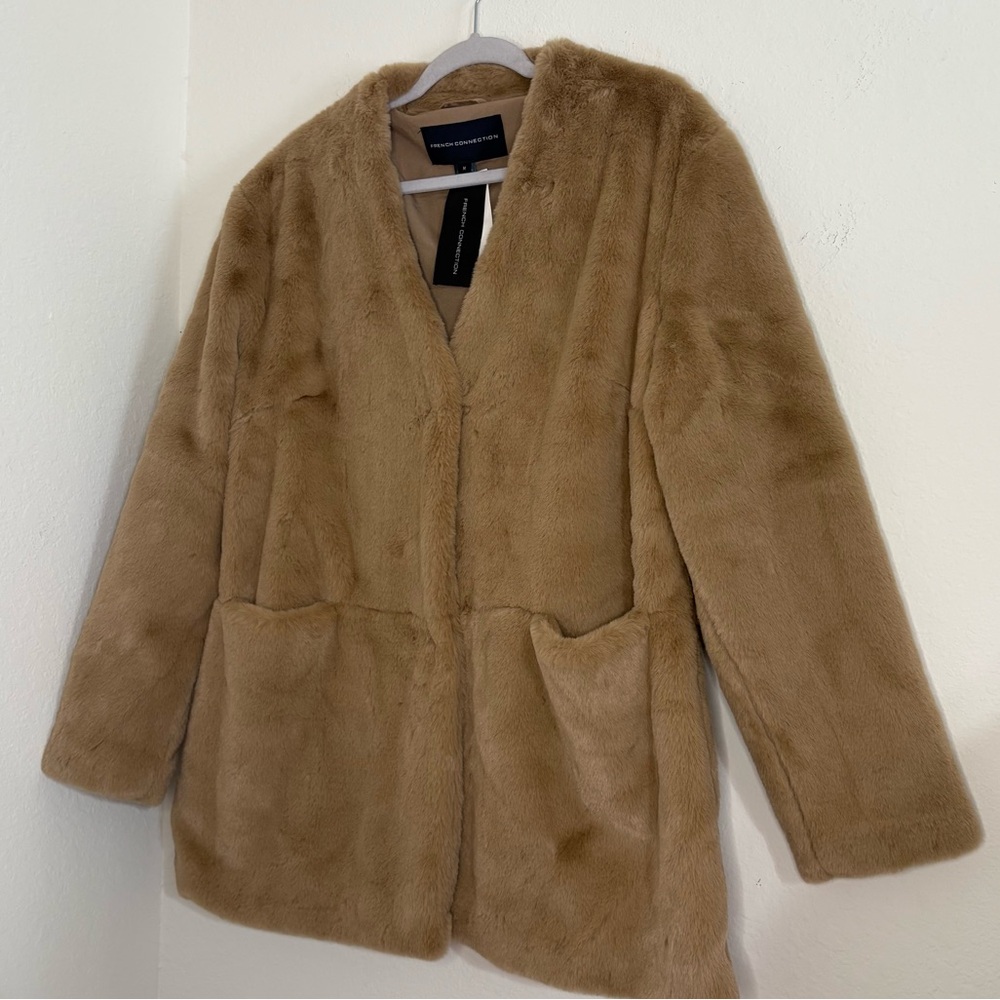 French Connection Camel Buona Faux Fur Coat Jacket NWT - Picture 2 of 11